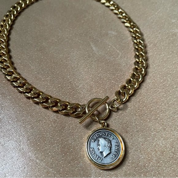 Gold silver plated Roman augustus coin gold plated curb chain toggle choker - Picture 3 of 8